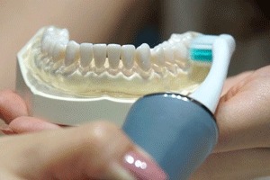 奥歯をスクラビング法で磨いている様子