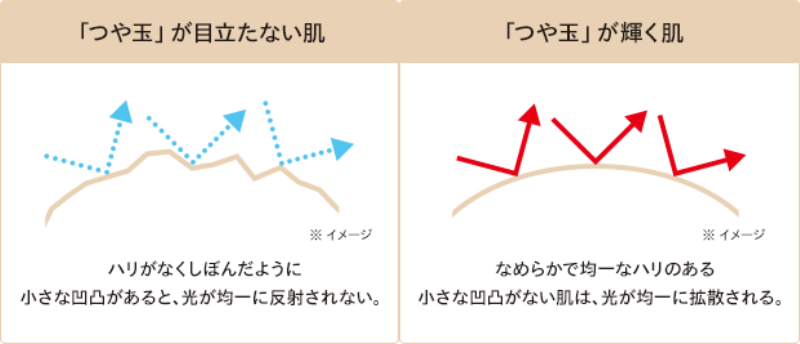 「つや玉」が目立たない肌と「つや玉」が輝く肌の違いイラストの画像