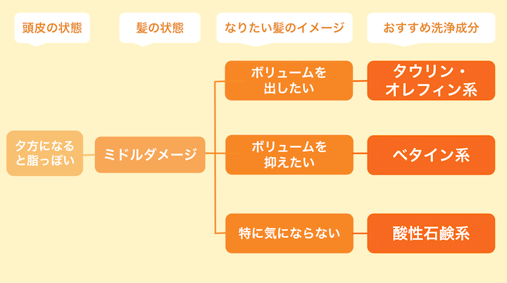 頭皮が夕方になると脂っぽい人で髪の状態がミドルダメージの人におすすめの洗浄成分のチャート