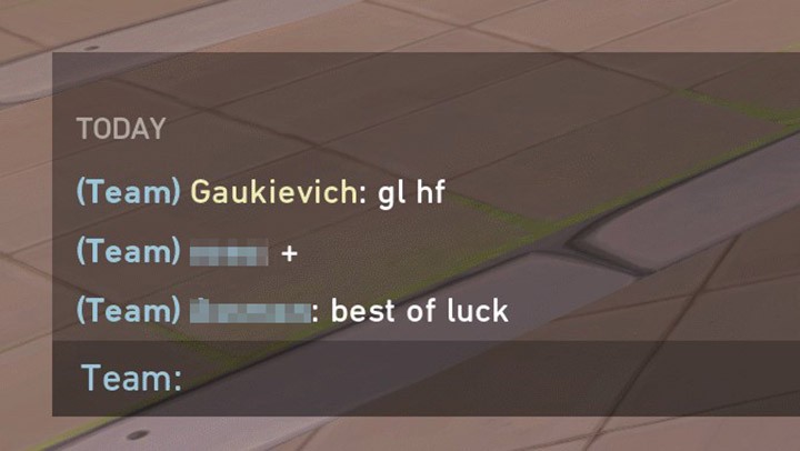 「VALORANT」試合前のチャット。「Gaukievich」は私です