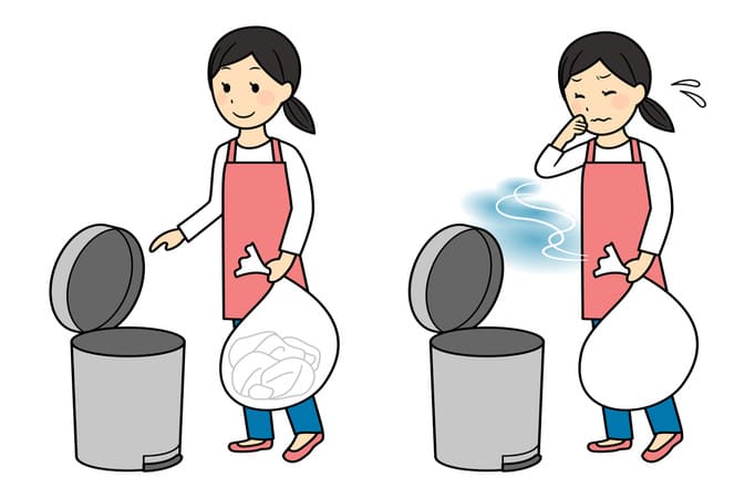 ゴミ箱にゴミを捨てる女性のイラスト
