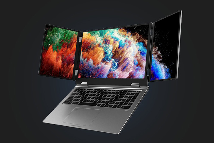 観音開きディスプレイ搭載！ 3画面ノートPC「Greyshork X3 Laptop